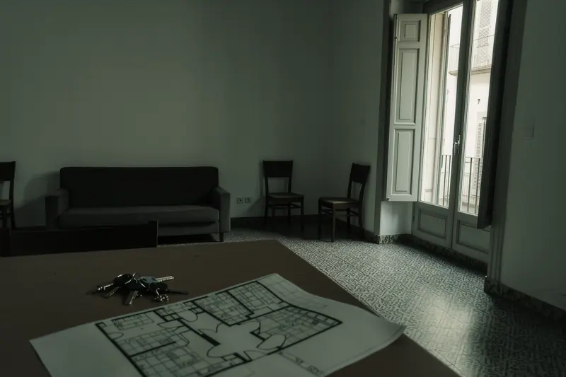 An empty long-let apartment interior with a tiled floor, half-closed shutters and bare plain furniture against a white wall.