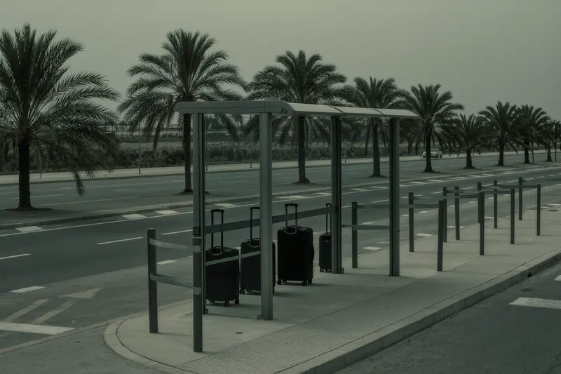 A plain shuttle bus stop outside airport arrivals on Mallorca, a queue barrier and metal shelter, suitcases on the kerb, palms and an empty access road behind.