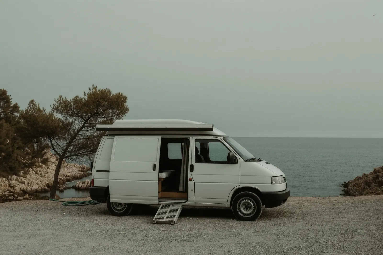 A small white campervan parked on gravel above a rocky east-coast cala on Mallorca, its side door slid open and the awning still folded, a levelling ramp and coiled hose on the ground.