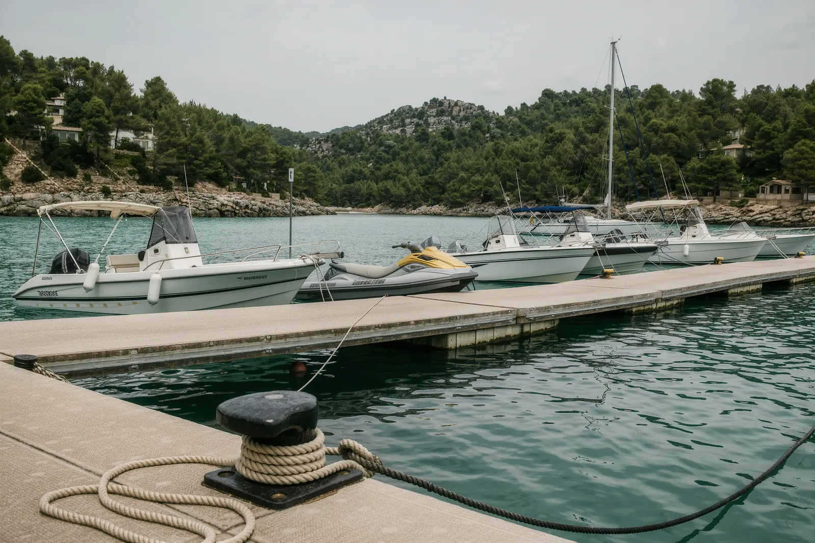 Small motorboats and a jet ski tied along a floating pontoon inside the round sheltered harbour at Port de Soller, a coiled mooring line and a cleat on the decking in front, wooded hills closing the bay behind.